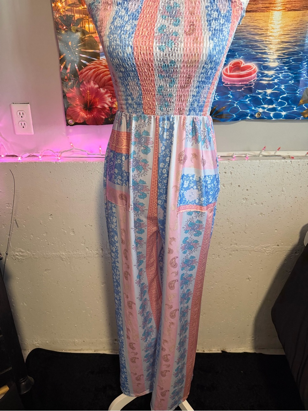 Women Small Pink and Blue Floral Patchwork One-Piece Jumpsuit